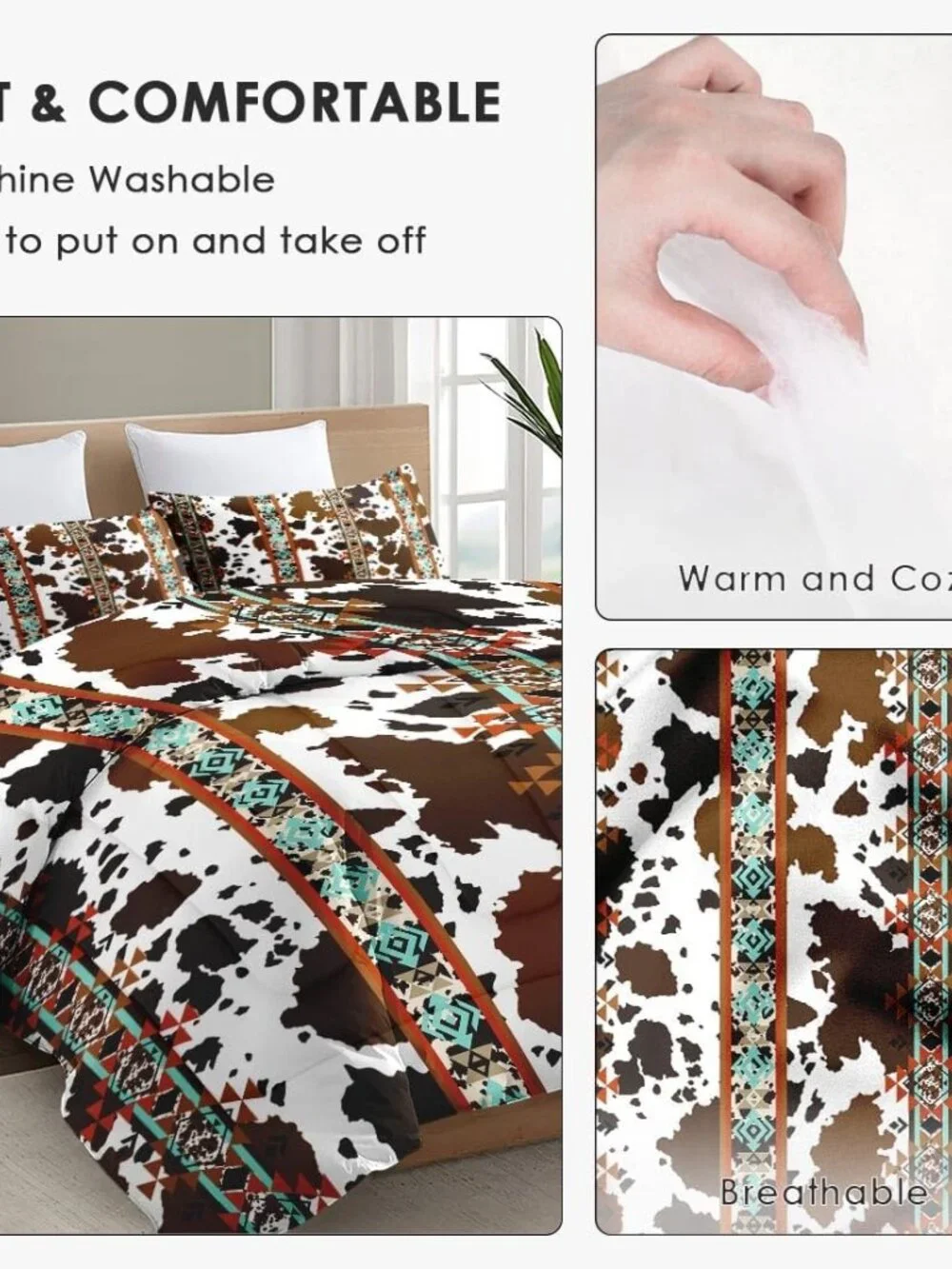 Queen Comforter Set, 3 Pieces Animal Vintage Bedding, All Season | Retro Cow Bro